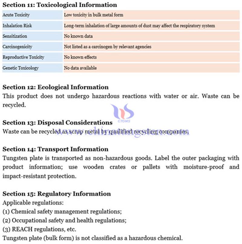 material safety data sheet (MSDS) of tungsten plate
