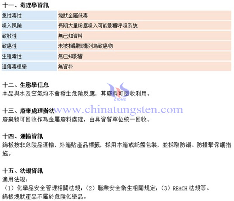 中鎢智造（廈門）科技有限公司鎢板材料安全係數說明書（MSDS）圖片